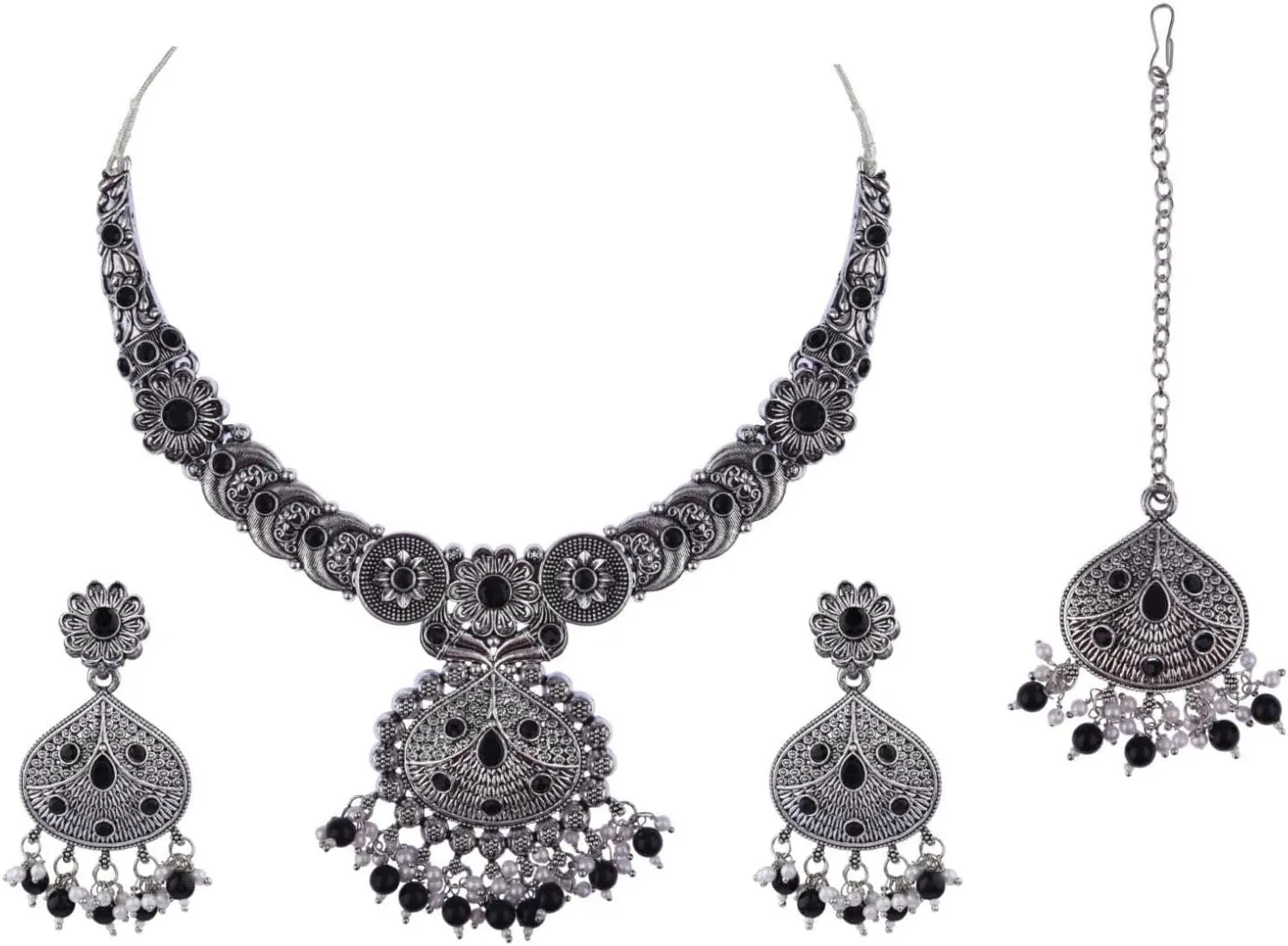 Efulgenz Indian Oxidized Jewelry for Navratri Choker Necklace Indian Oxidized Jewelry Set for Women Bohemian Faux Pearl Crystal Stone Necklace Earrings Maangtikka Set Wedding Bridal Fashion Jewelry