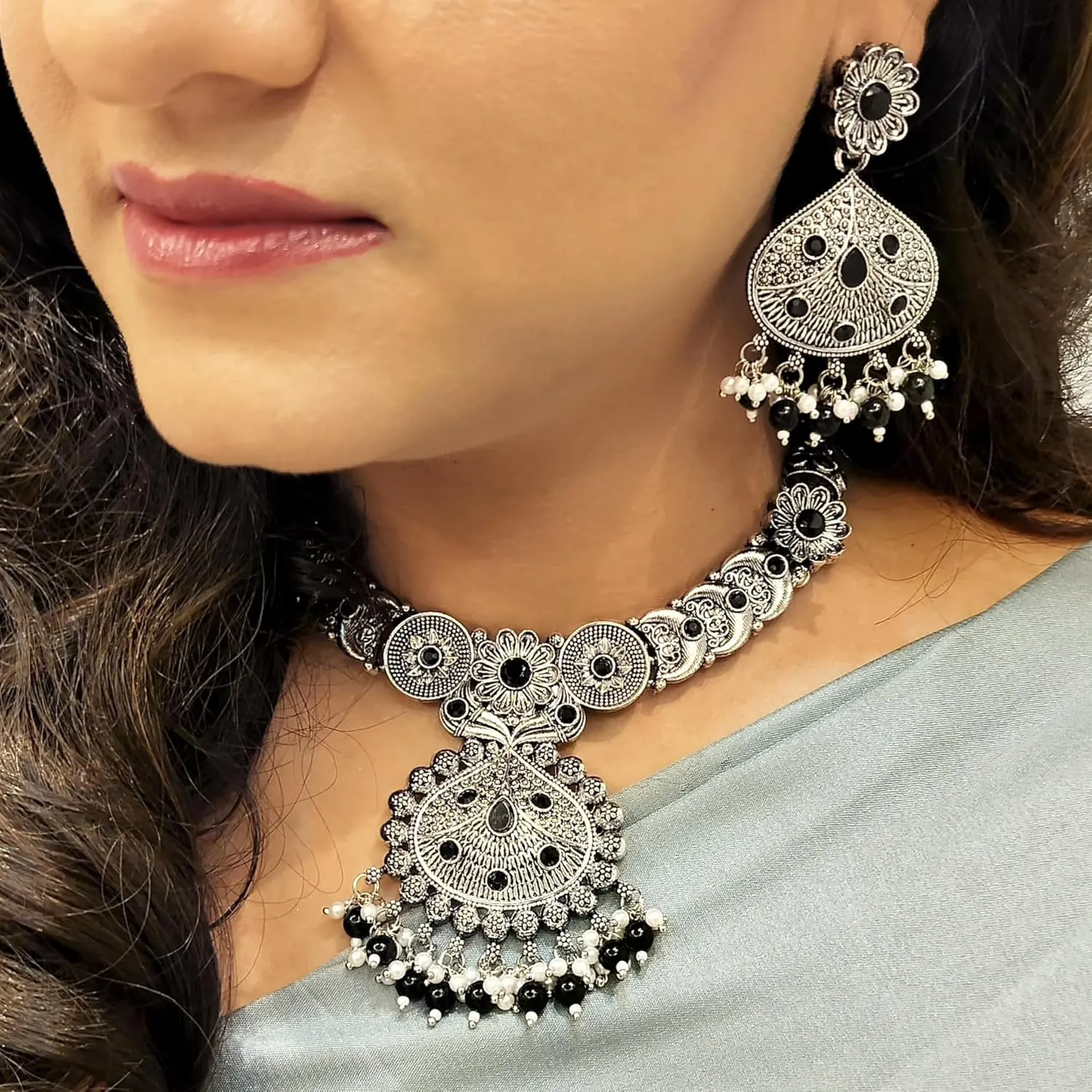 Efulgenz Indian Oxidized Jewelry for Navratri Choker Necklace Indian Oxidized Jewelry Set for Women Bohemian Faux Pearl Crystal Stone Necklace Earrings Maangtikka Set Wedding Bridal Fashion Jewelry