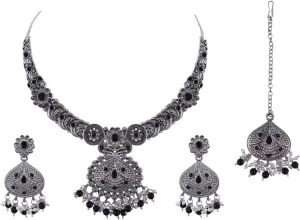 Efulgenz Indian Oxidized Jewelry for Navratri Choker Necklace Indian Oxidized Jewelry Set for Women Bohemian Faux Pearl Crystal Stone Necklace Earrings Maangtikka Set Wedding Bridal Fashion Jewelry