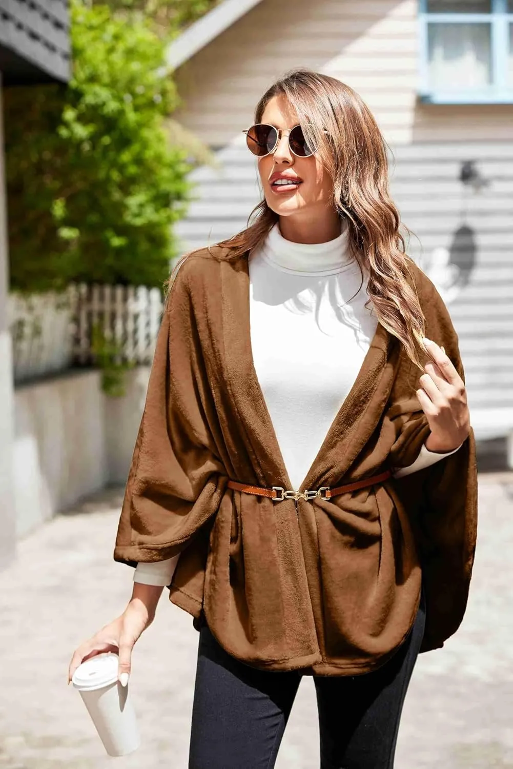Ekouaer Flannel Faux Poncho for Women Lightweigh Blanket Warm TV Shawl Winter Coat Sweater Cape
