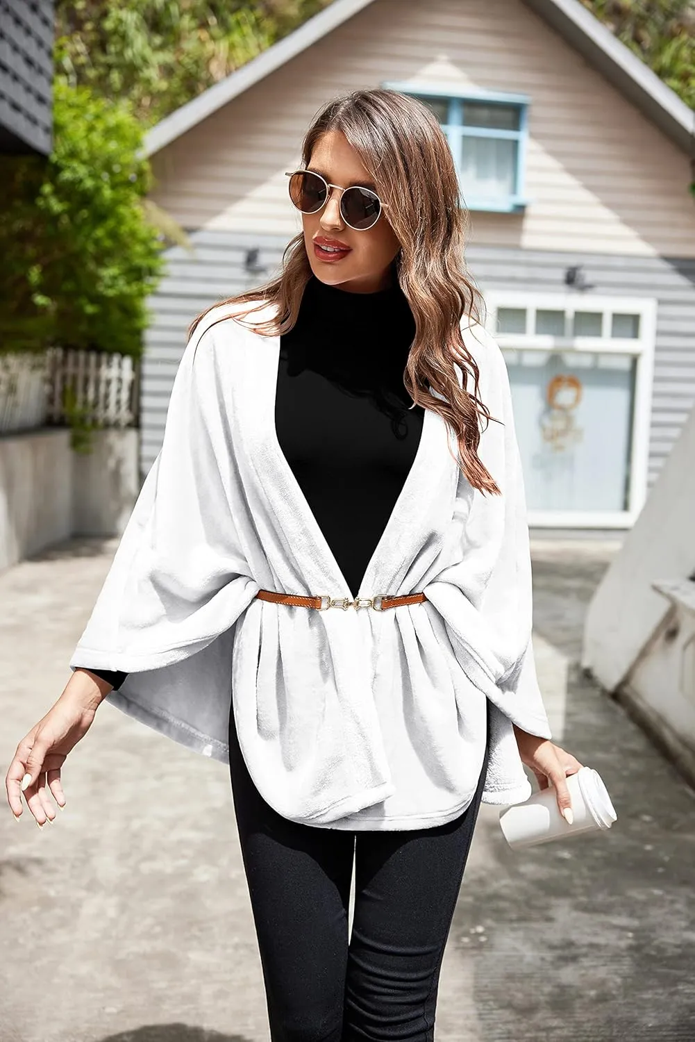 Ekouaer Flannel Faux Poncho for Women Lightweigh Blanket Warm TV Shawl Winter Coat Sweater Cape
