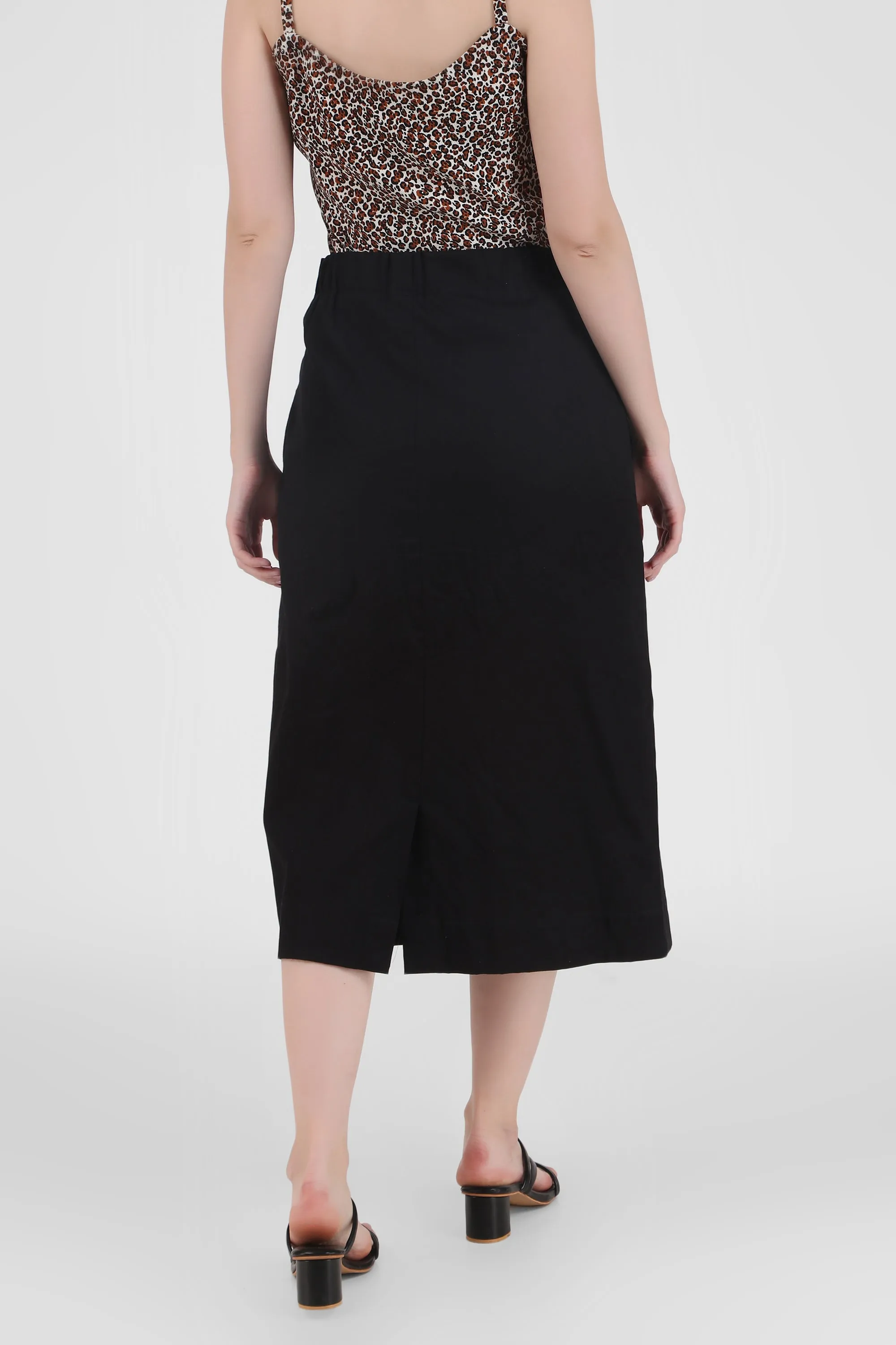 Elegant Linen Blend Midi Skirt, Black