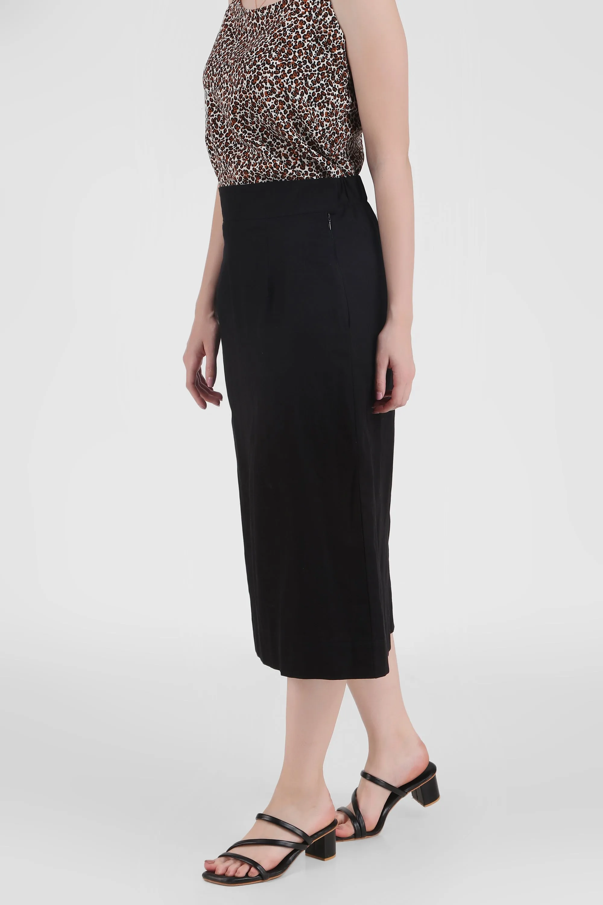 Elegant Linen Blend Midi Skirt, Black