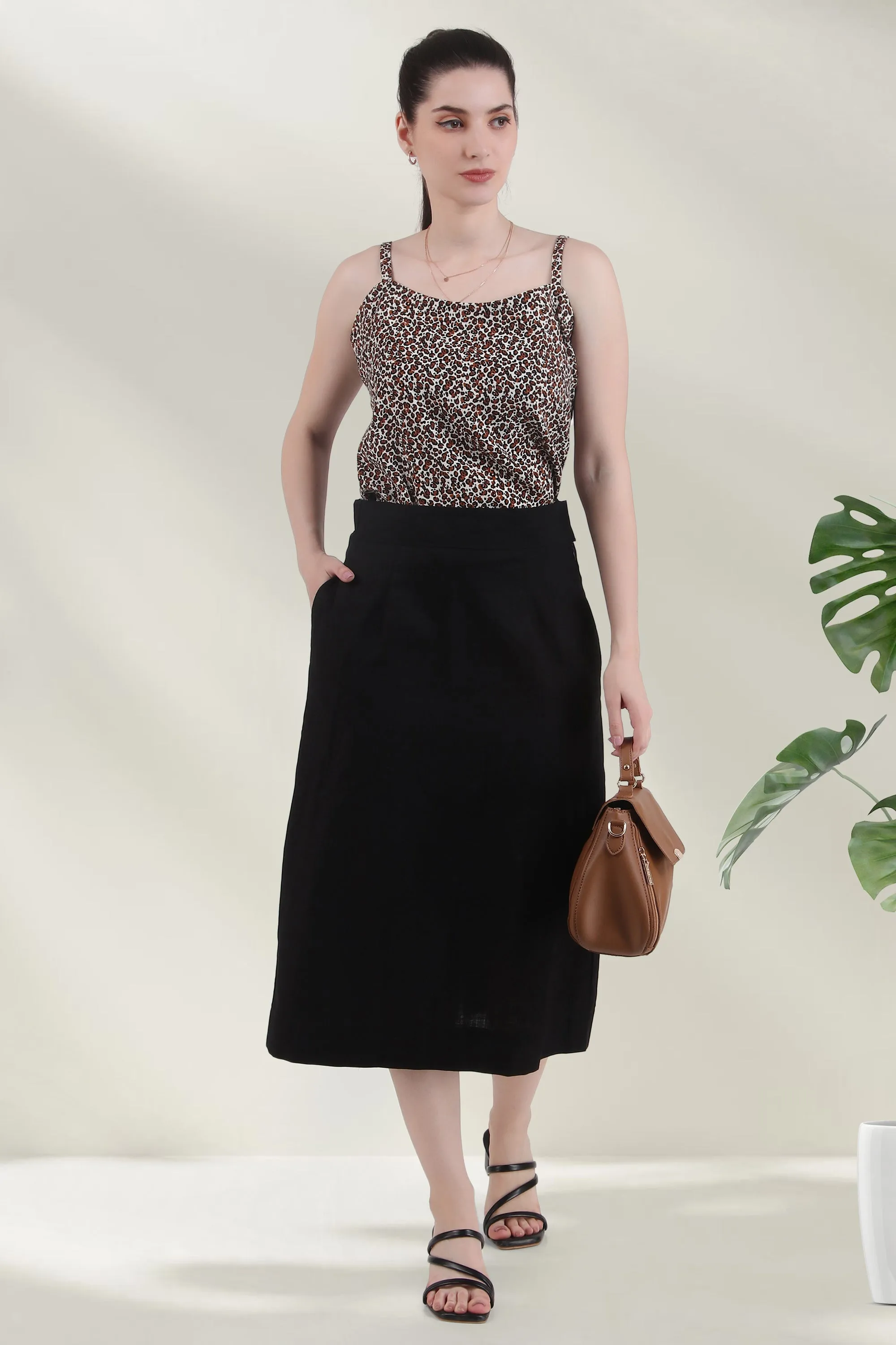 Elegant Linen Blend Midi Skirt, Black