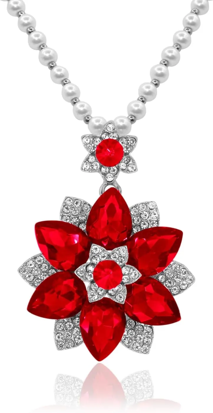Elegant Rhinestone Flower Long Pendant Necklace for Women Pearl Chain Rose Flower Crystal Pendant Necklaces Fashion Necklaces for Women Gift Gold Silver