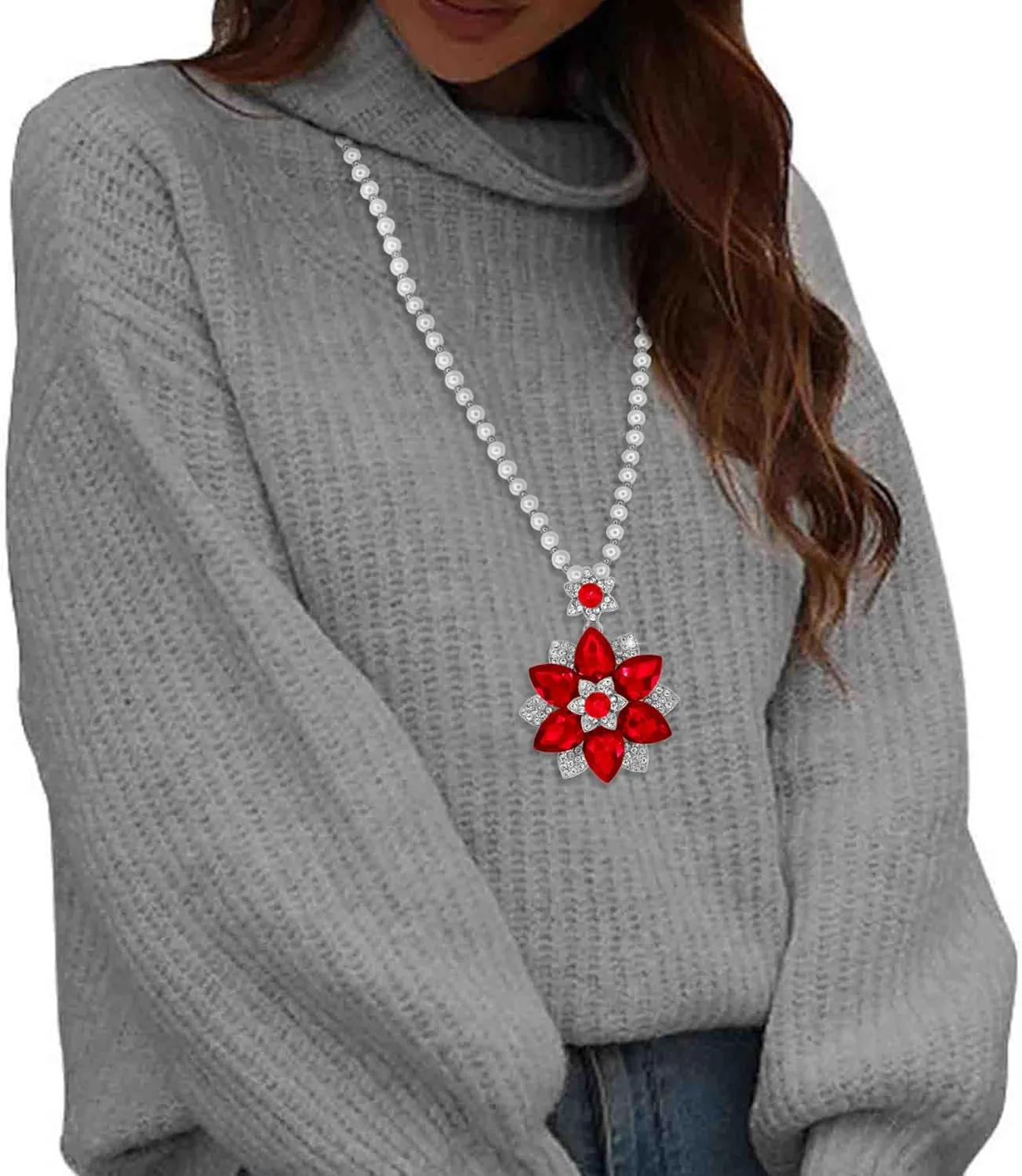 Elegant Rhinestone Flower Long Pendant Necklace for Women Pearl Chain Rose Flower Crystal Pendant Necklaces Fashion Necklaces for Women Gift Gold Silver