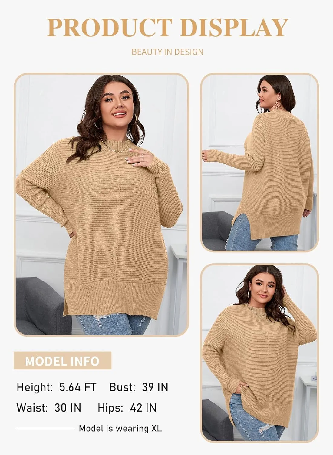 Eytino Womens Plus Size Sweaters Long Sleeve Crew Neck Split Hem Casual Oversized Ribbed Knit Tunic Pullover Tops(1X-5X)