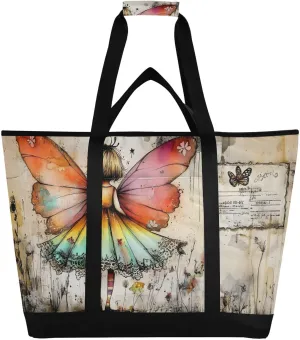 Fairy Vintage Floral Large Insulated Tote Bag for Grocery Shopping Reusable Tote Bags for Women Men, Cooler Bag with Zippered Top & Handles for Beach Picnic Travel