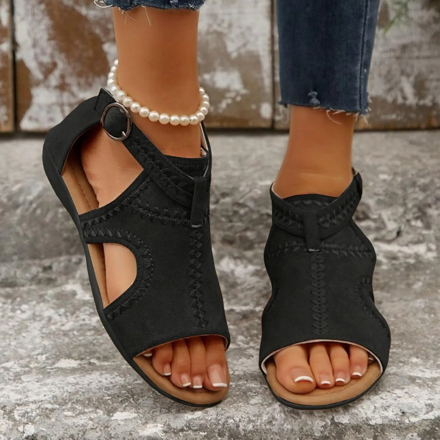Flat Sandals for Women Bohemian Roman Open Toe Soft Sole Slippers with Ankle Strap Retro Comfortable Non-Slip Platform Casual Shoe Outdoor Vacation Walking Footwear with Adjustable Buckle