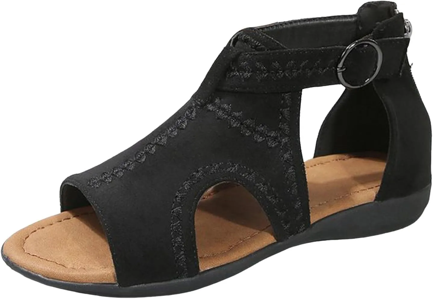 Flat Sandals for Women Bohemian Roman Open Toe Soft Sole Slippers with Ankle Strap Retro Comfortable Non-Slip Platform Casual Shoe Outdoor Vacation Walking Footwear with Adjustable Buckle