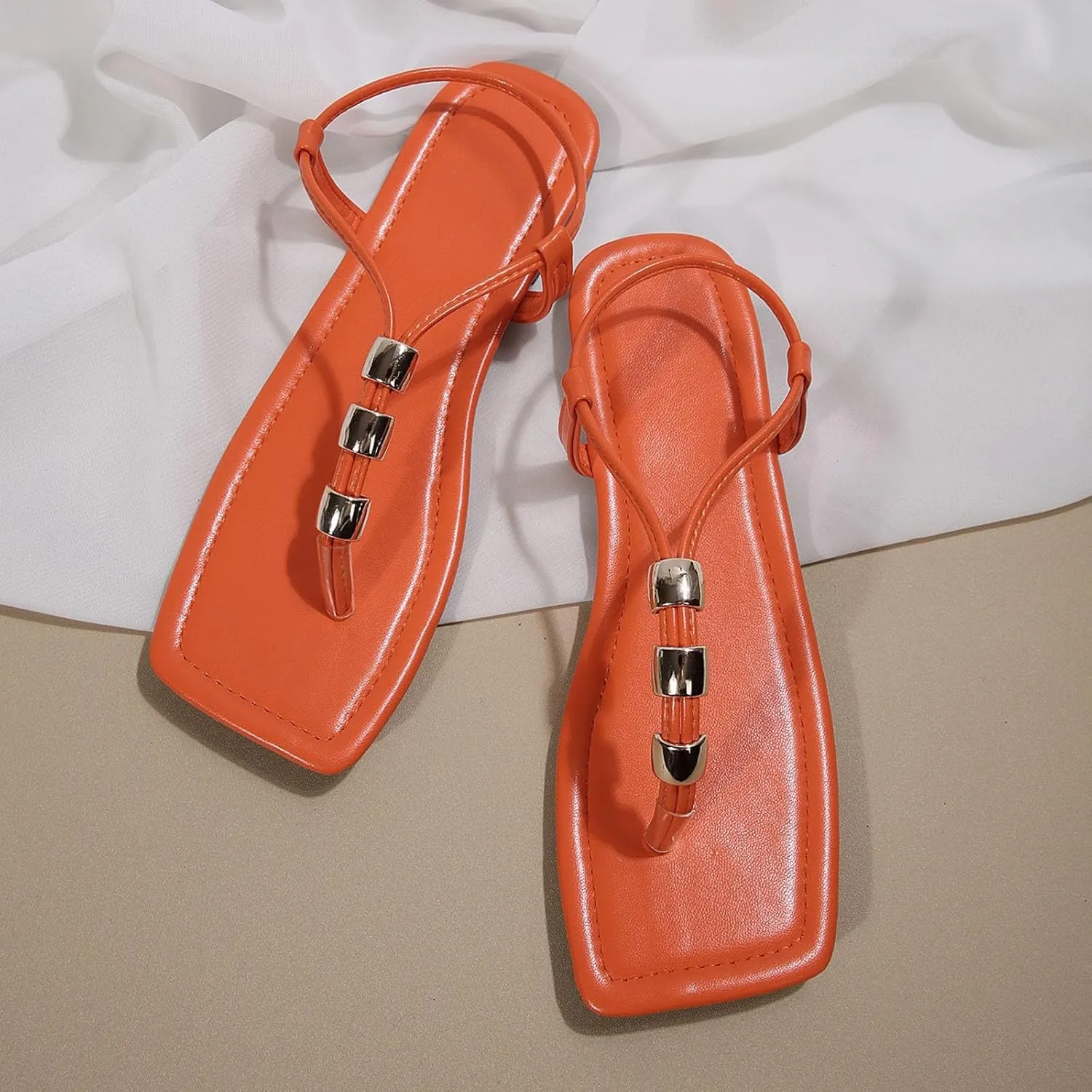 Flat Sandals for Women Breathable Open Toe Walking Flip Flops Summer Dressy Wedding Shoes Outdoor Beach Vacation Square Head Peep Toe Slippers Indoor Work Non-Slip Casual Footwear with Beaded