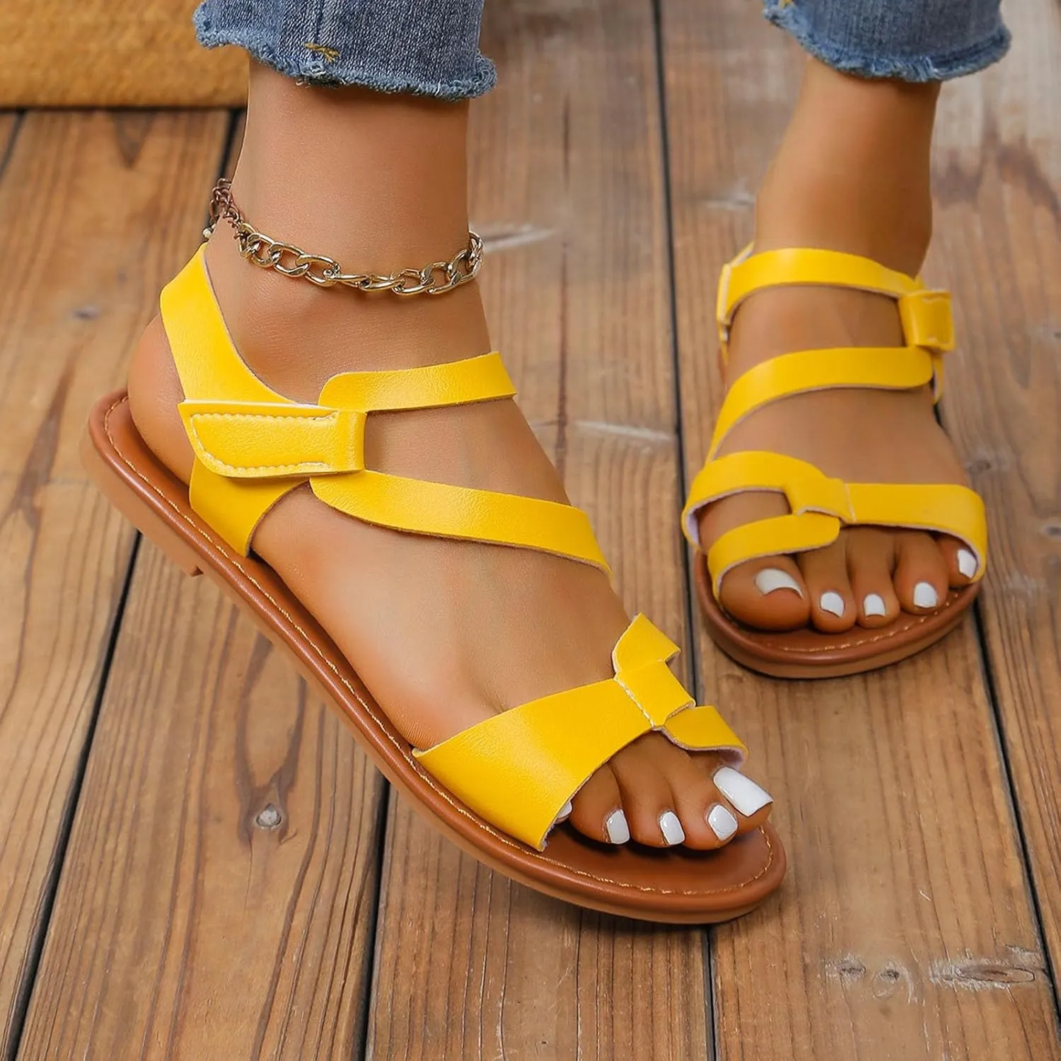 Flat Sandals for Women Indoor Home Comfortable Soft Sole Slippers Outdoor Beach Slip-On Casual Shoe Breathable Open Toe Walking Footwear with Hook Loop Strap Fashion Quick Drying Summer Shoes