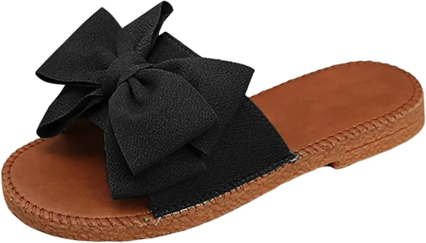 Flat Sandals for Women Outdoor Beach Slip-On Casual Shoe Cute Bow Decoration Non-Slip Walking Footwear Breathable Open Toe Vacation Slippers Indoor Home Comfortable Soft Sole Slippers