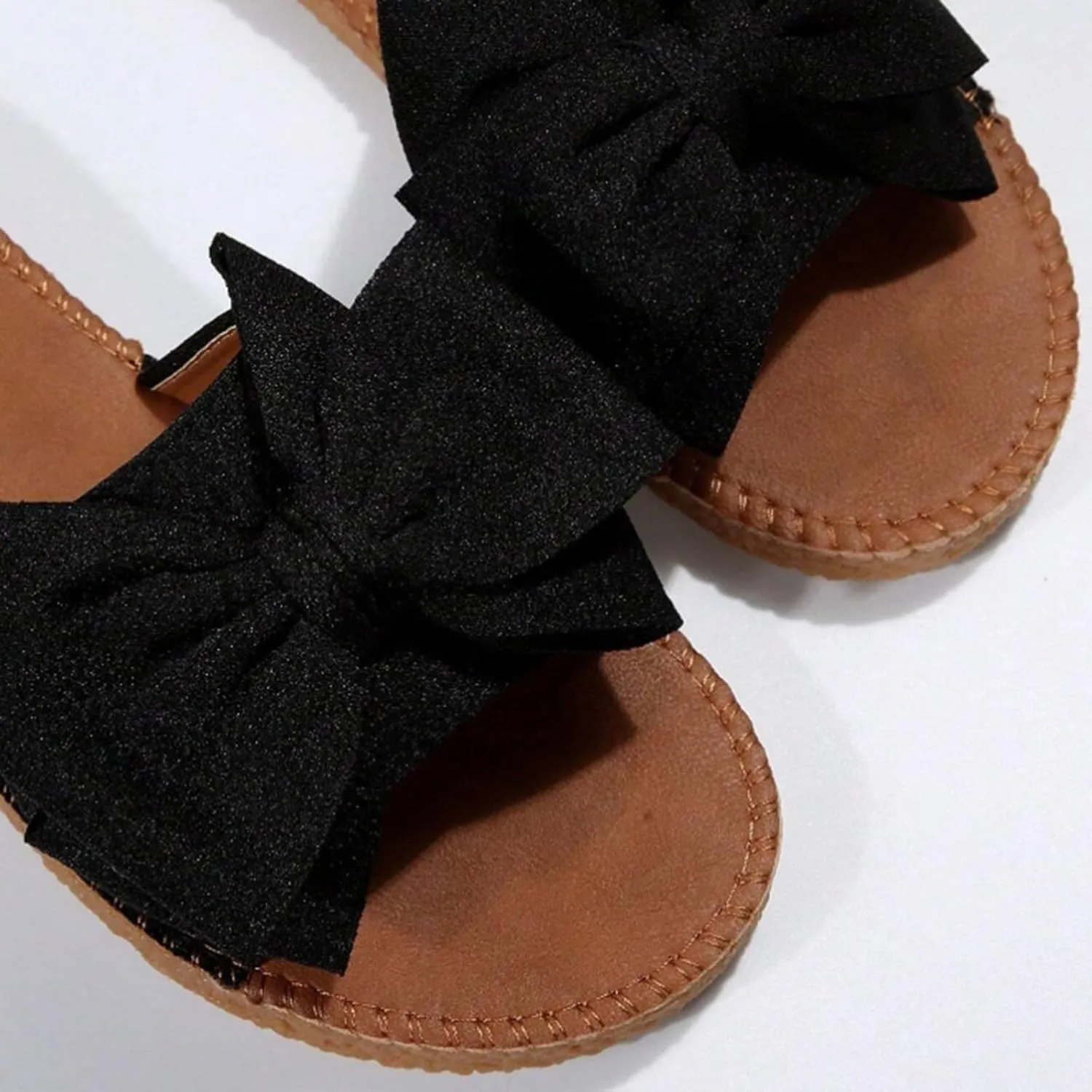 Flat Sandals for Women Outdoor Beach Slip-On Casual Shoe Cute Bow Decoration Non-Slip Walking Footwear Breathable Open Toe Vacation Slippers Indoor Home Comfortable Soft Sole Slippers