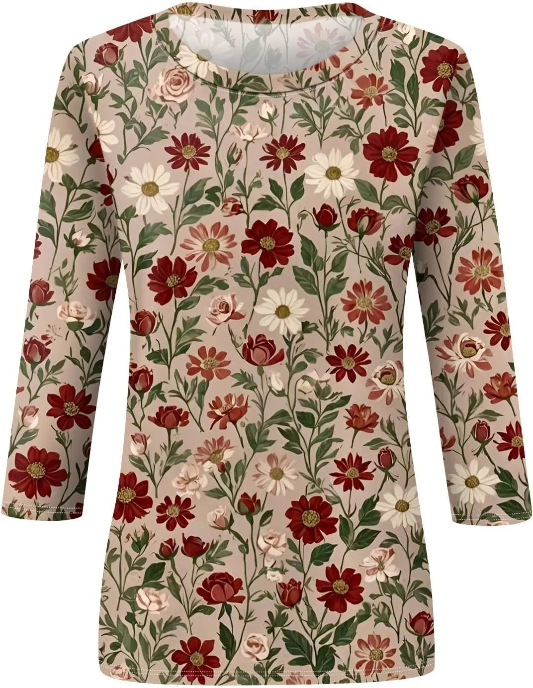 Floral Bee Print Women 3/4 Length Sleeve Tops Shirt Casual Loose T Shirts 2025 Spring Tops for Women