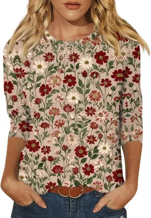 Floral Bee Print Women 3/4 Length Sleeve Tops Shirt Casual Loose T Shirts 2025 Spring Tops for Women