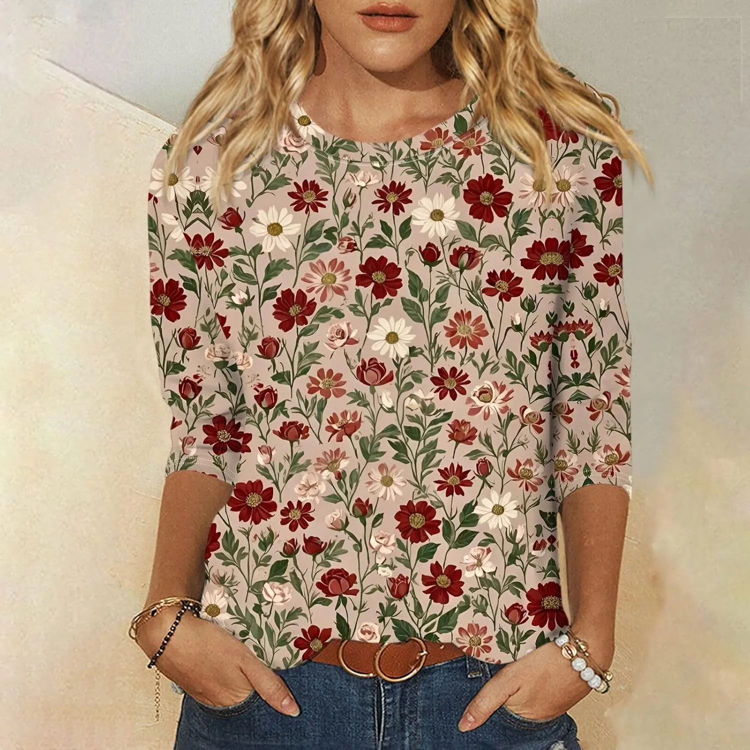 Floral Bee Print Women 3/4 Length Sleeve Tops Shirt Casual Loose T Shirts 2025 Spring Tops for Women