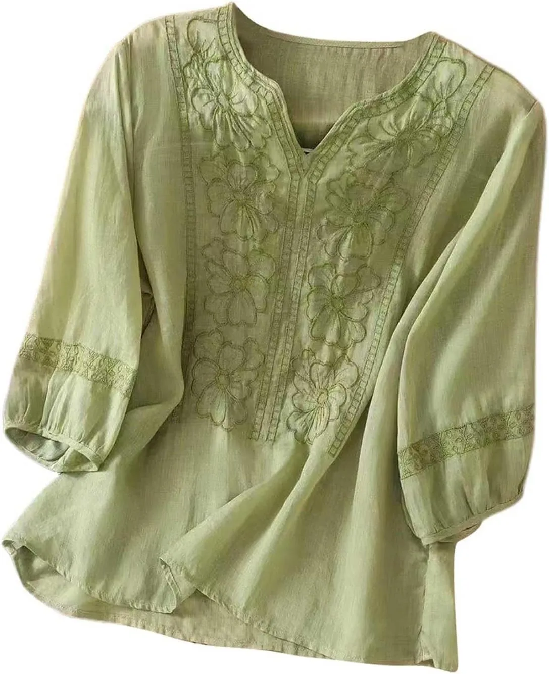 Floral Embroidered Tops Cotton Linen Shirts Boho Style Peasant Tee Women 3/4 Sleeve V Neck Button Tunic Tshirt