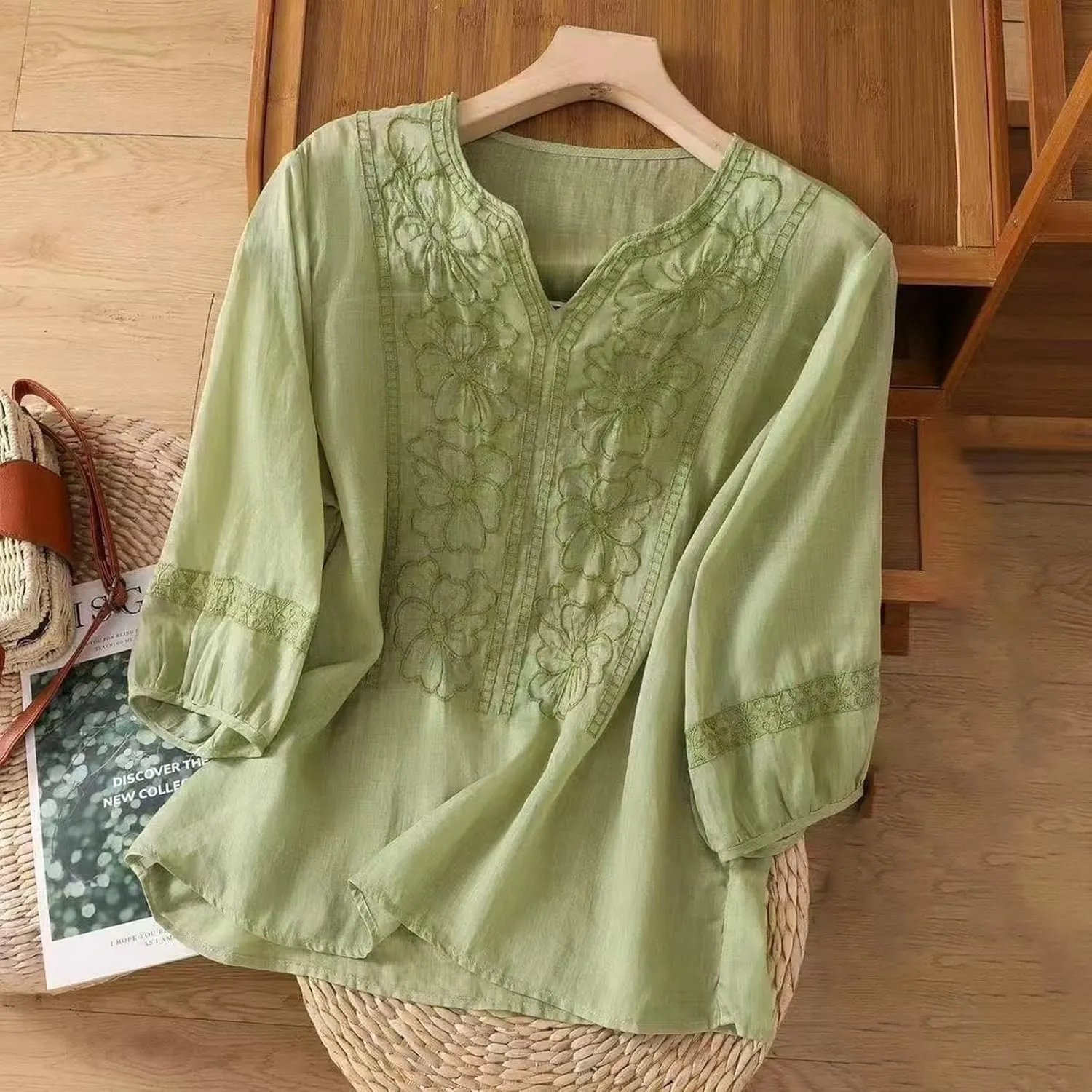 Floral Embroidered Tops Cotton Linen Shirts Boho Style Peasant Tee Women 3/4 Sleeve V Neck Button Tunic Tshirt