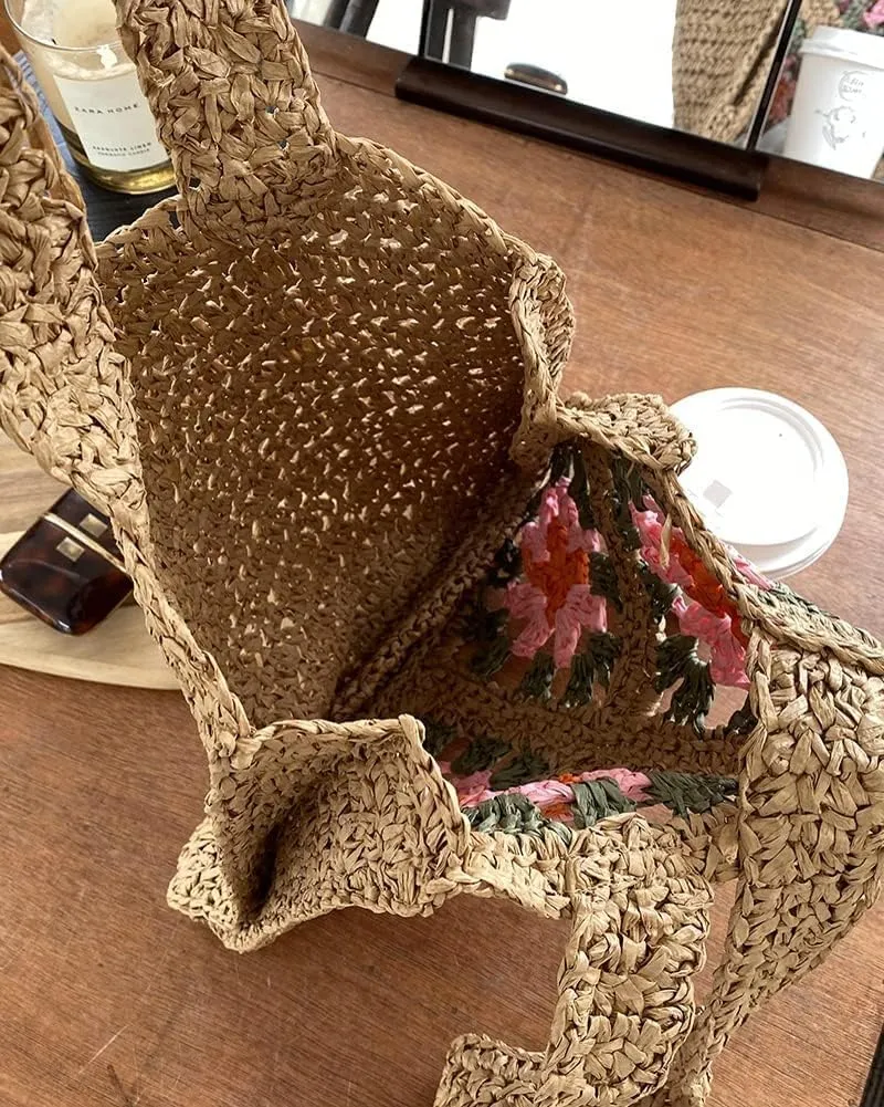 Flower Tote Bags for Women Cute Shoulder Bags for Women Straw Hobo Bags Handbags Woven Beach Bag Summer Vacation