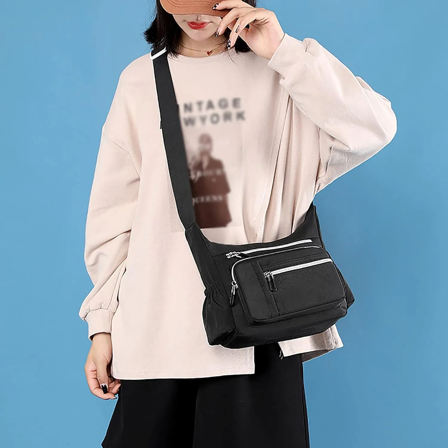Foldie Crossbody Bags for Women Waterproof Nylon Crossbody Bags for Woman Trendy Womens Vacation Shoulder Bag(Black)