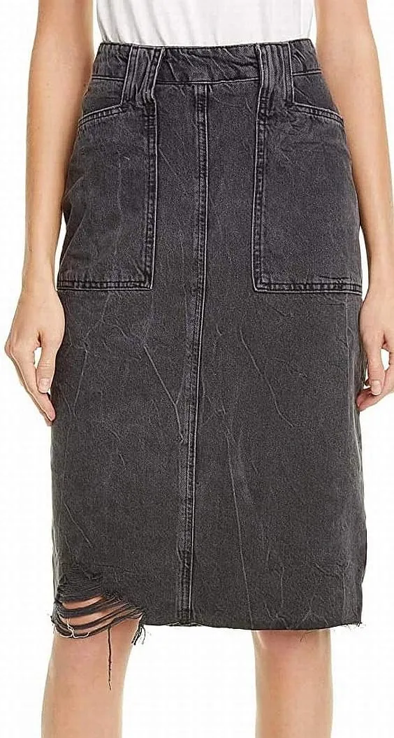 Free People Elisa Pencil Ripped Denim Skirt Black 2