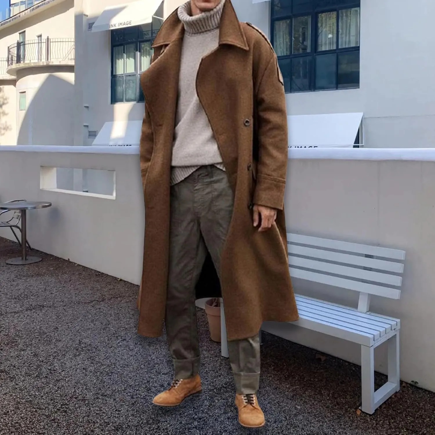 Full Length Trench Coat Men Wool Coat Single Breasted Pea Coat Warm Soft Overcoat Fall Winter Long Jacket for Casual