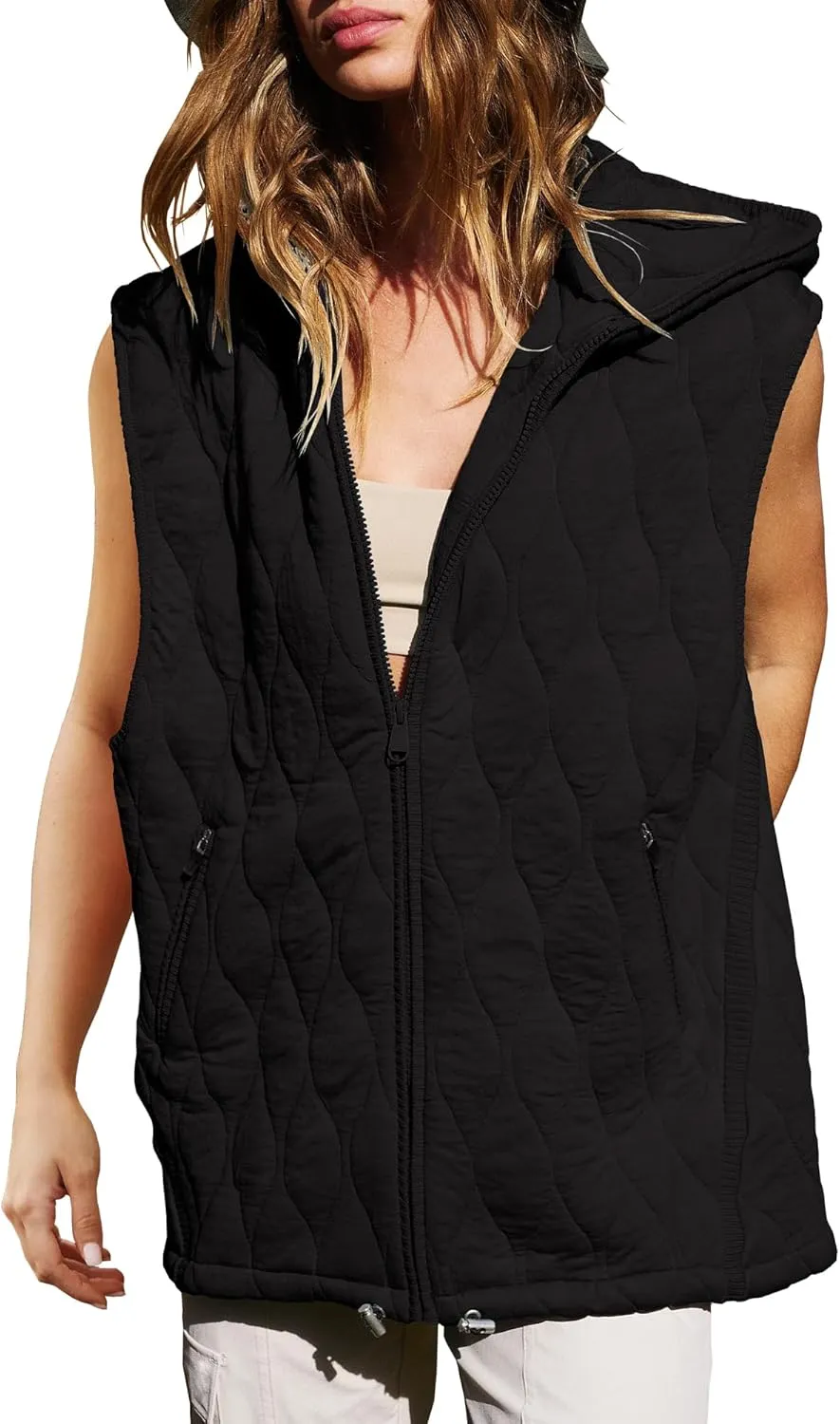 Gacaky Womens Oversized Puffer Vest Casual Sleeveless Quilted Jacket Zip Up Hoodie Pockets Warm Winter Coat Outerwear