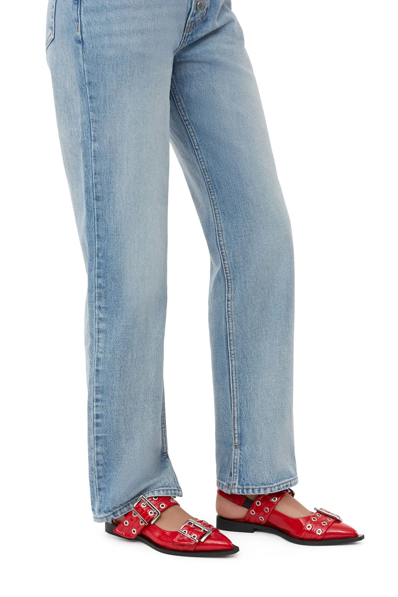 Ganni Feminine Buckle Ballerina Naplack Flats - Racing Red