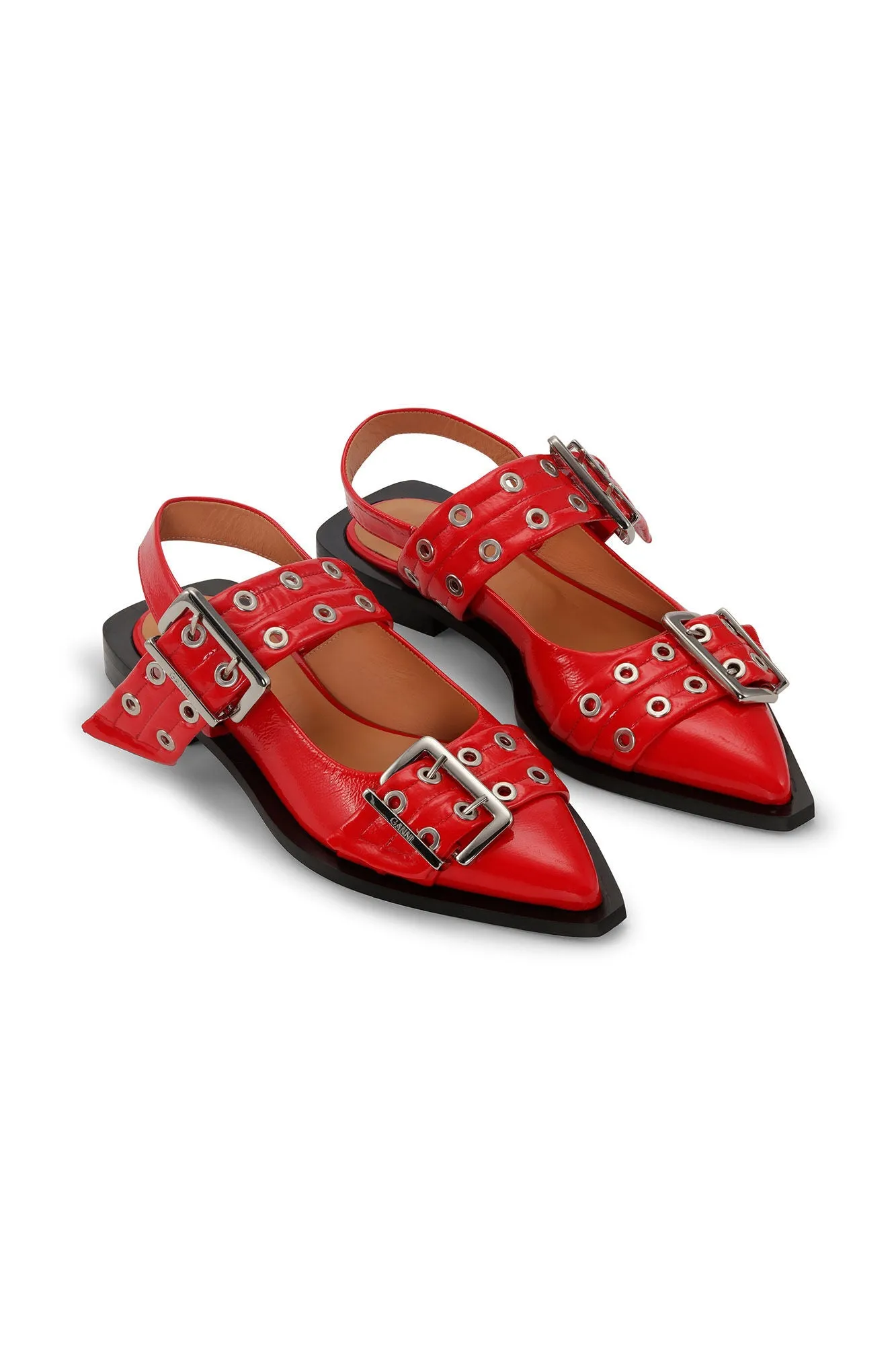 Ganni Feminine Buckle Ballerina Naplack Flats - Racing Red
