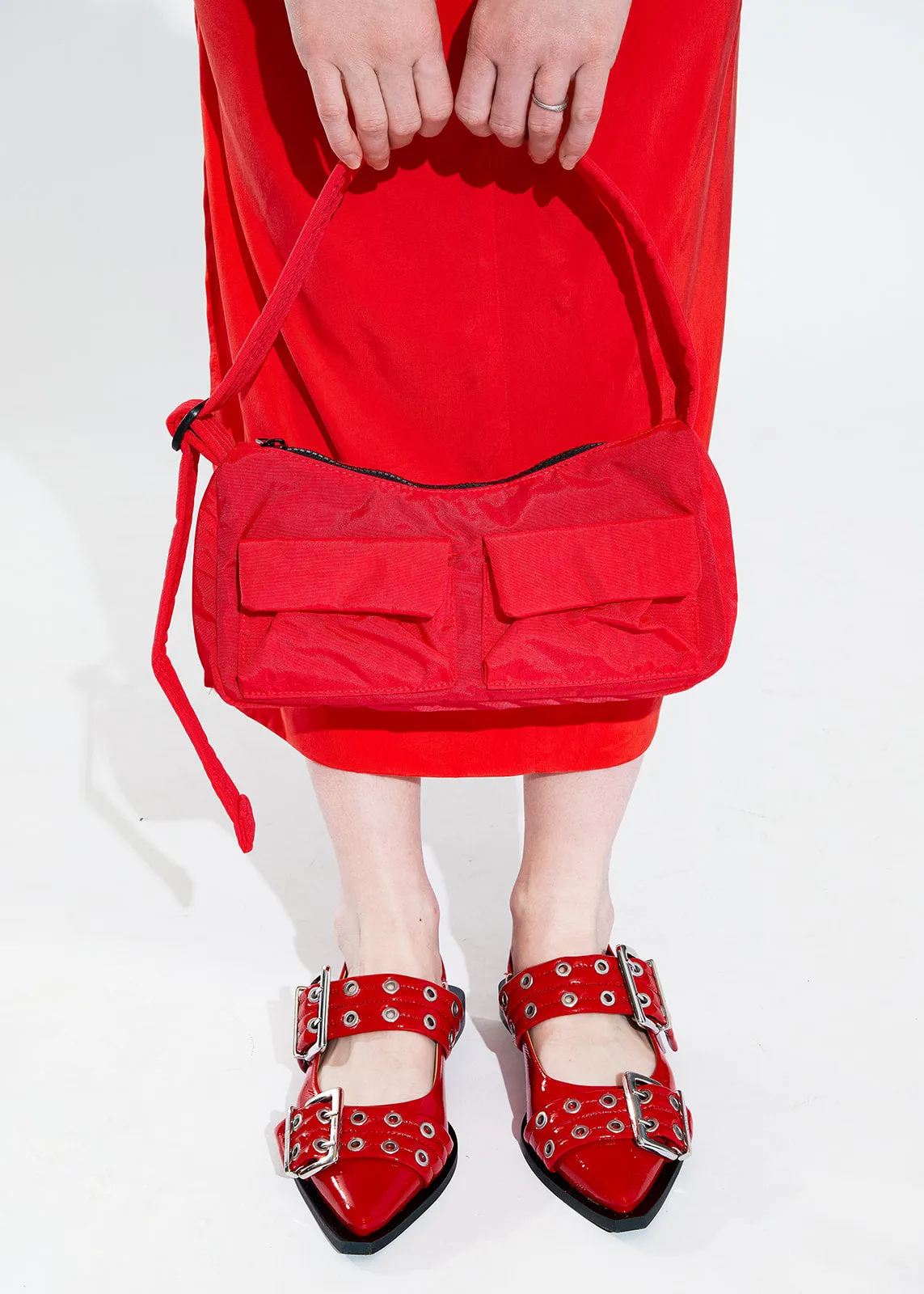 Ganni Feminine Buckle Ballerina Naplack Flats - Racing Red