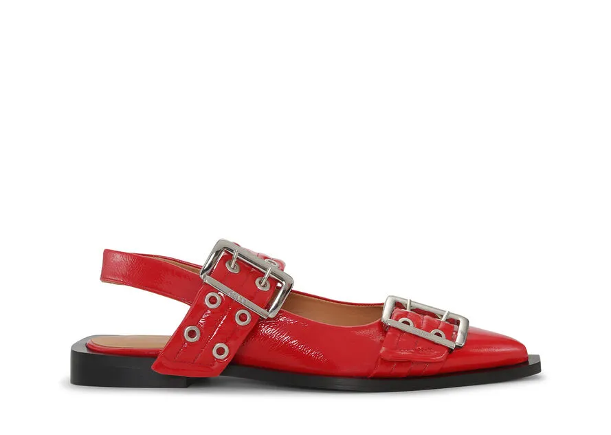 Ganni Feminine Buckle Ballerina Naplack Flats - Racing Red