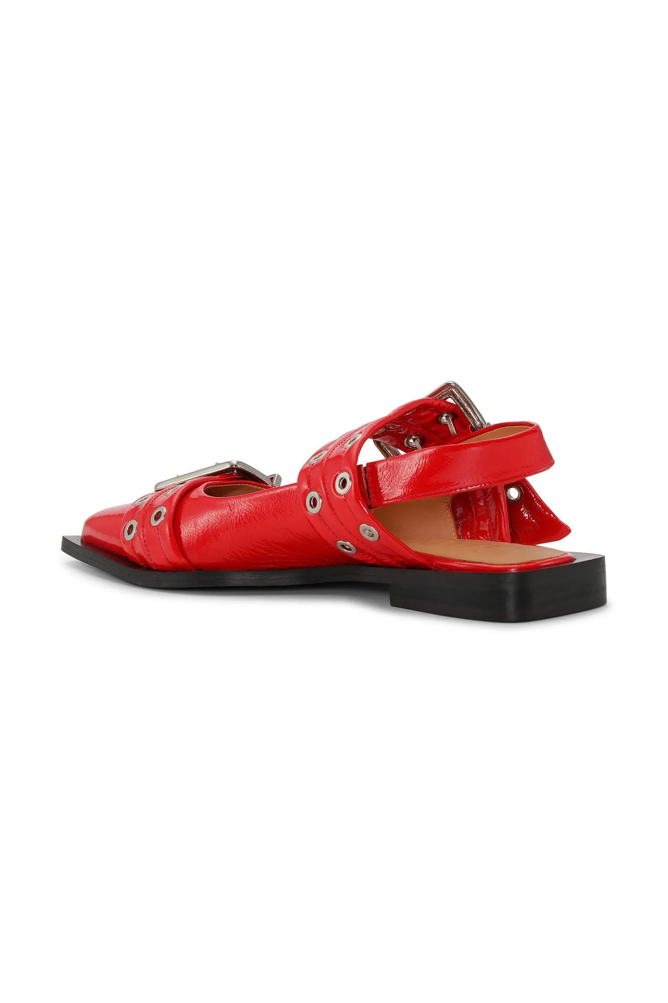 Ganni Feminine Buckle Ballerina Naplack Flats - Racing Red