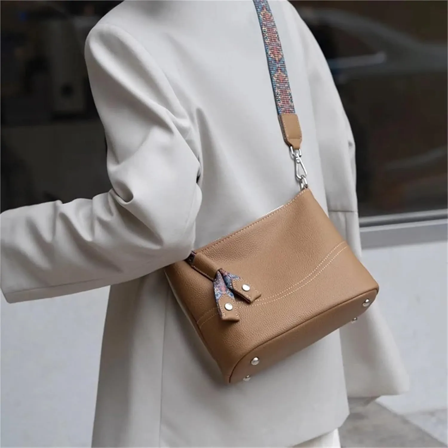 Genuine Leather Shoulder Bucket, Ladies' Commuting Underarm Bag, Versatile Crossbody Hobo Bag