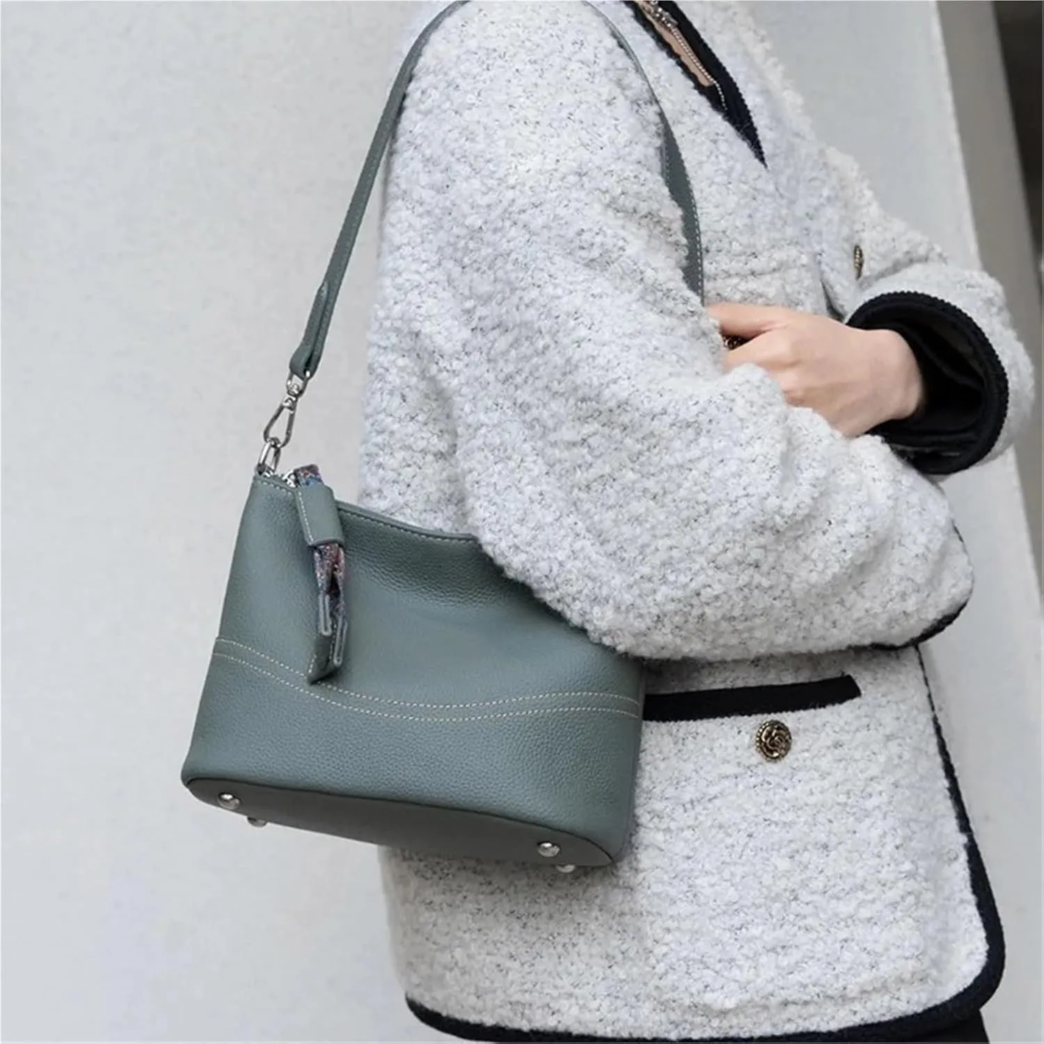 Genuine Leather Shoulder Bucket, Ladies' Commuting Underarm Bag, Versatile Crossbody Hobo Bag