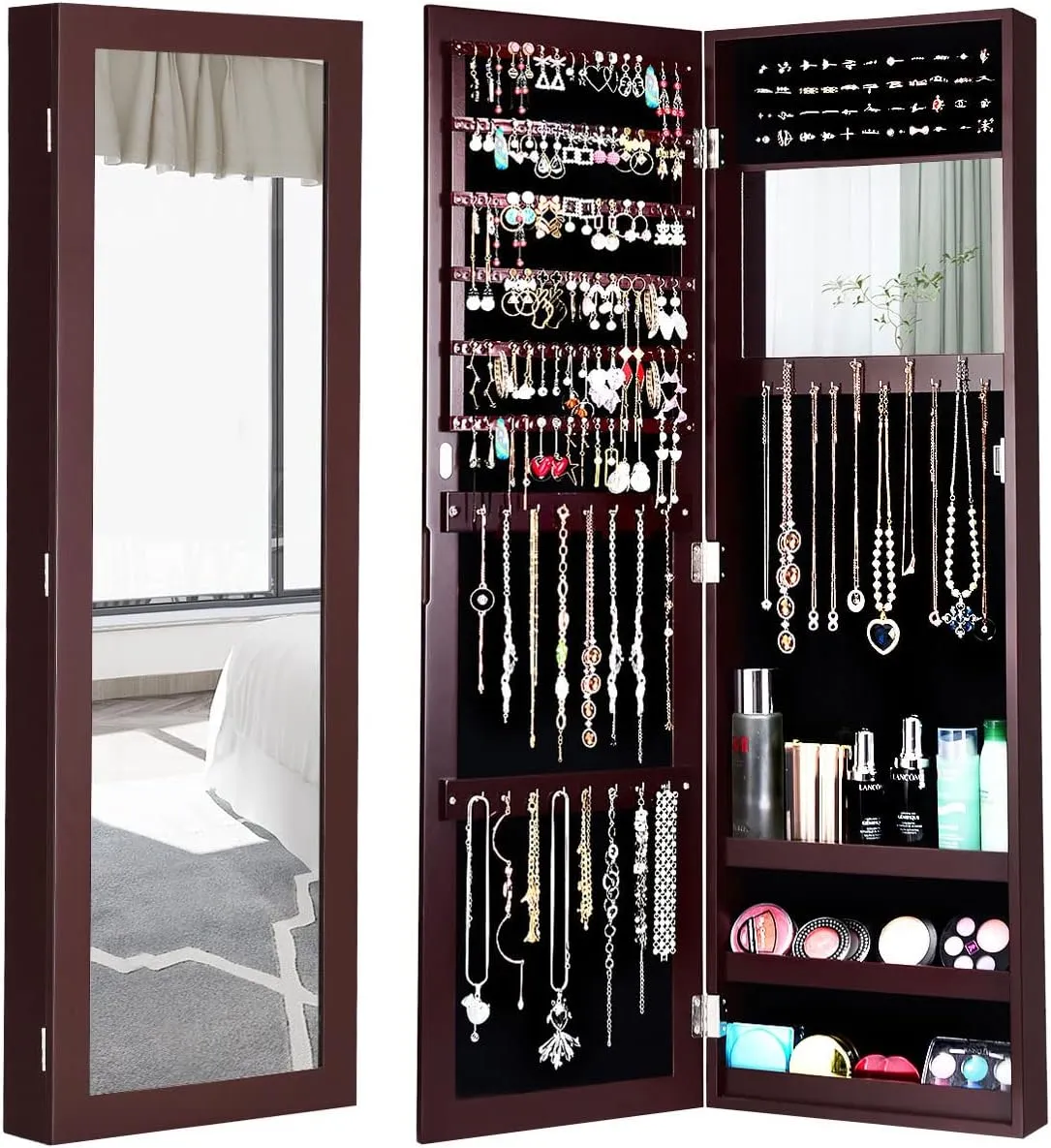 Giantex Jewelry Armoire Cabinet Wall Door Mounted with Full Length Mirror, Jewelry Organizer with Makeup Mirror, Ring Earring Slots, Necklace Hooks, Large Capacity Storage Jewelry Armoire (Brown)