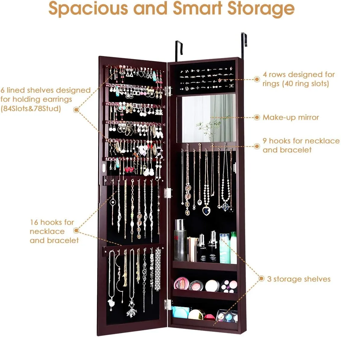 Giantex Jewelry Armoire Cabinet Wall Door Mounted with Full Length Mirror, Jewelry Organizer with Makeup Mirror, Ring Earring Slots, Necklace Hooks, Large Capacity Storage Jewelry Armoire (Brown)
