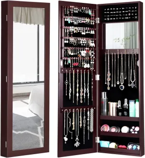 Giantex Jewelry Armoire Cabinet Wall Door Mounted with Full Length Mirror, Jewelry Organizer with Makeup Mirror, Ring Earring Slots, Necklace Hooks, Large Capacity Storage Jewelry Armoire (Brown)