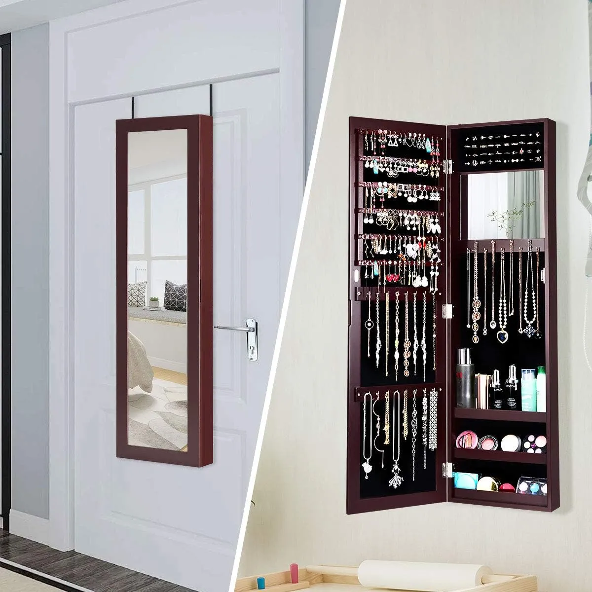 Giantex Jewelry Armoire Cabinet Wall Door Mounted with Full Length Mirror, Jewelry Organizer with Makeup Mirror, Ring Earring Slots, Necklace Hooks, Large Capacity Storage Jewelry Armoire (Brown)