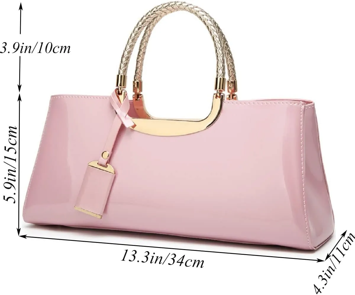 Glossy Women Handbag Faux Patent Leather Top-Handle Bag Structured Shoulder Bag Tote Evening Purse Party Satchel