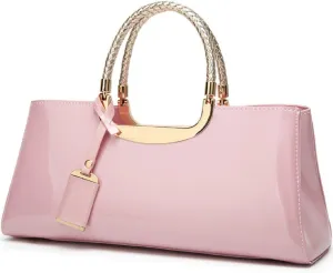 Glossy Women Handbag Faux Patent Leather Top-Handle Bag Structured Shoulder Bag Tote Evening Purse Party Satchel