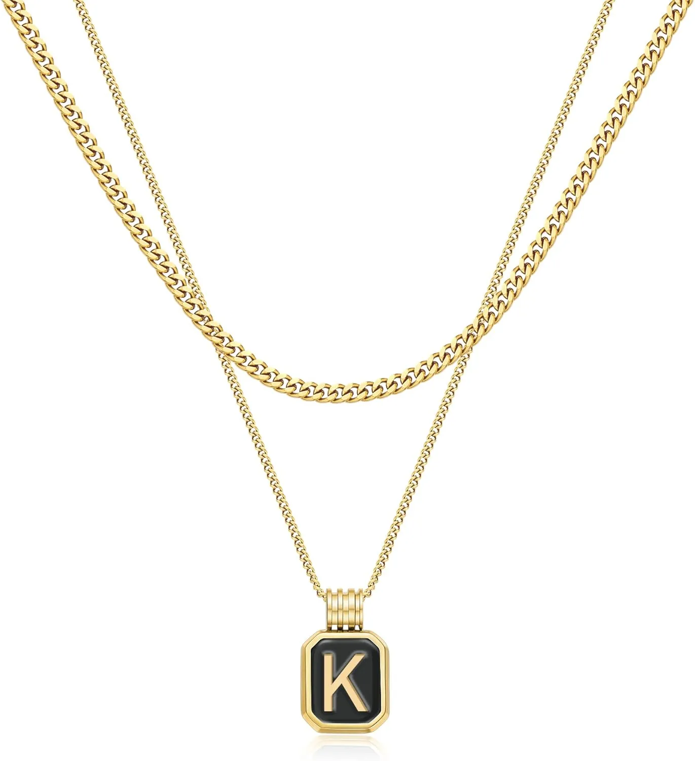 Gold Layered Initial Necklaces for Women, Dainty Layered Initial Necklaces for Women with Black Square Pendant Alphabet A-Z Cuban Chain Choker Necklace for Women Teen Jewelry Gifts