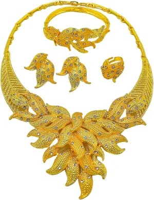 Gold Necklace Jewelry Set Dubai Gold Bracelet Earrings Ring Accessories Bridal Jewelry Set for Women Wedding