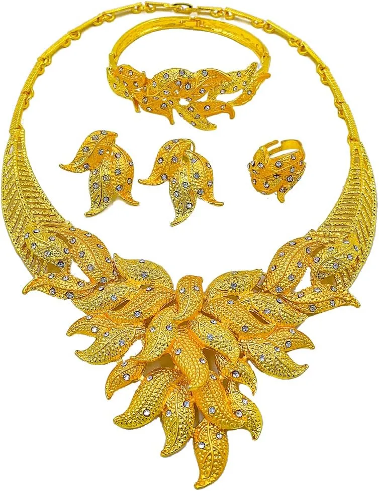 Gold Necklace Jewelry Set Dubai Gold Bracelet Earrings Ring Accessories Bridal Jewelry Set for Women Wedding