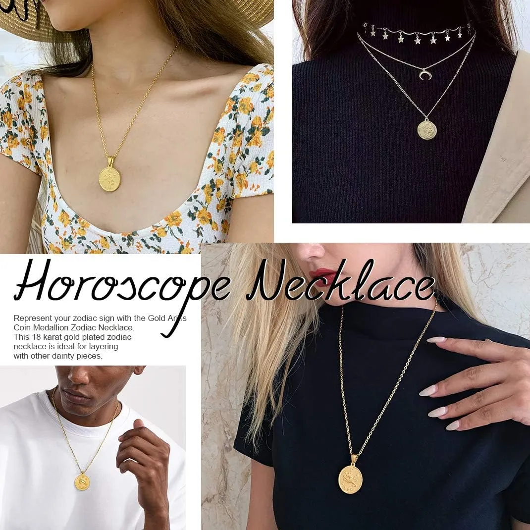 GOLDCHIC JEWELRY Gold Zodiac Necklace for Women Men, Constellation Coin Horoscope Astrology Pendant Necklaces Lucky Jewelry