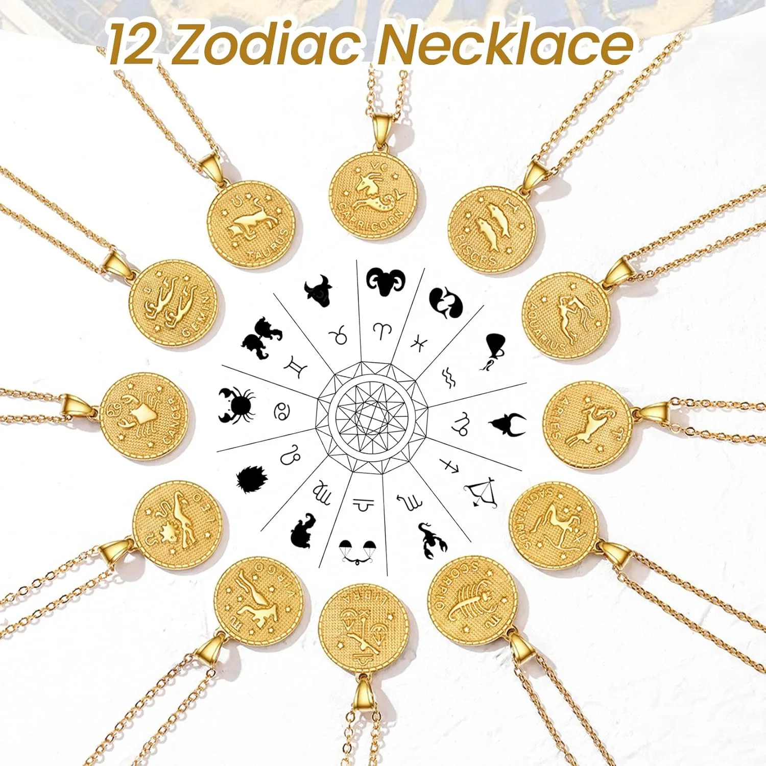 GOLDCHIC JEWELRY Gold Zodiac Necklace for Women Men, Constellation Coin Horoscope Astrology Pendant Necklaces Lucky Jewelry