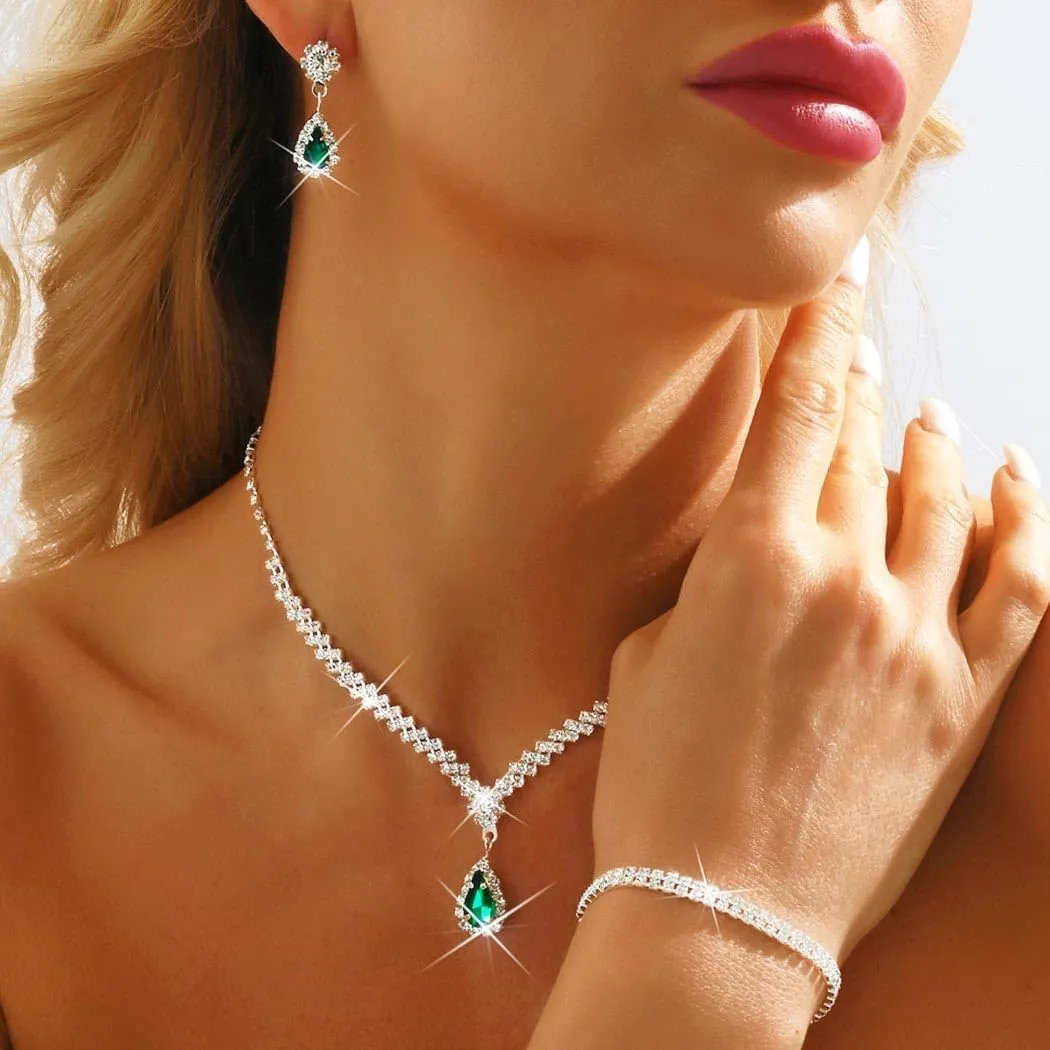 GORAIS Prom Wedding Jewelry Sets Rhinestone Bridal Necklace Earrings Bracelet Set Crystal Costume Jewelry for Brides