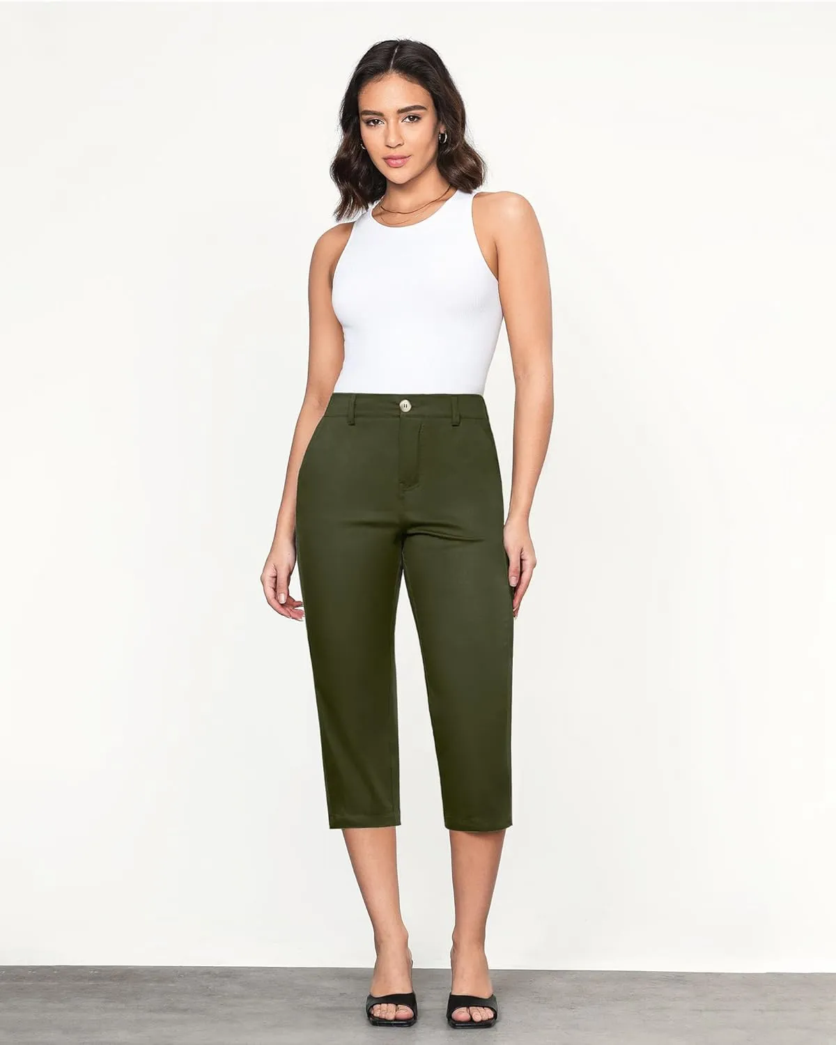 GRAPENT Capri Pants for Women Summer High Waisted Cotton Elastic Waist Dressy Casual Office Work Capris Trousers Pants