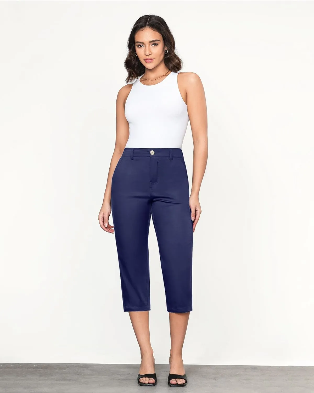 GRAPENT Capri Pants for Women Summer High Waisted Cotton Elastic Waist Dressy Casual Office Work Capris Trousers Pants