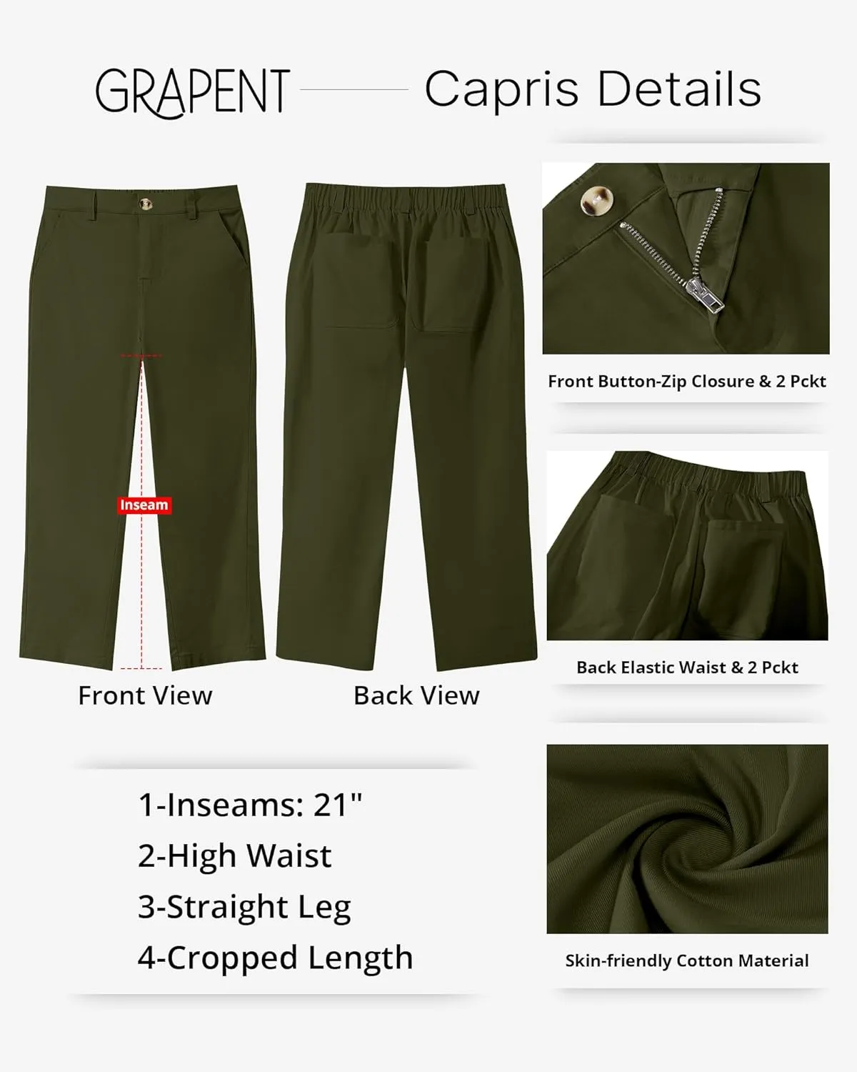 GRAPENT Capri Pants for Women Summer High Waisted Cotton Elastic Waist Dressy Casual Office Work Capris Trousers Pants